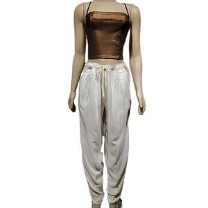 GABRIELLE Women's Pants Size L Relaxed Fit Ivory Drawstrings Waist & Hem #CB3